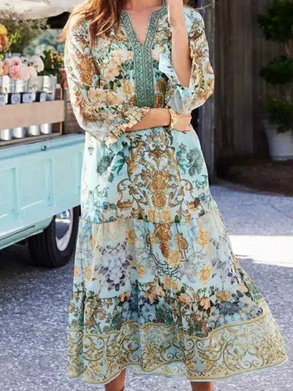 Soft Surroundings Blue Baroque Floral Embroidered Caftan Dress Boho Maxi Large